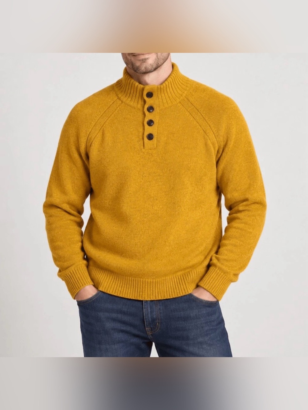 Banana Republic Mens L Mustard Wool Blend Mock Neck Button Sweater Italian Yarn